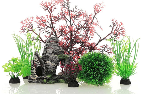 7 Pack Fish Tank Plastic Plants and Cave Rock Decorations Aquarium Decor Type Small Size