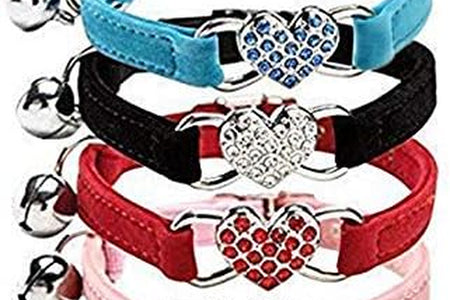 Heart Bling Cat Collar with Safety Belt and Bell 8-11 Inches