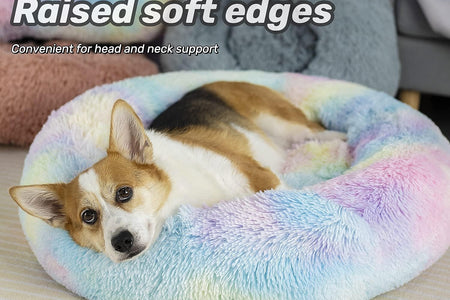 anti Anxiety round Fluffy Plush Faux Fur Warm Washable Dog Bed & Cat Bed, Original Bed for Small Medium Large Pets,Used to Relieve Joints and Improve Sleep（20"/24"/27''） (20", Rainbow)